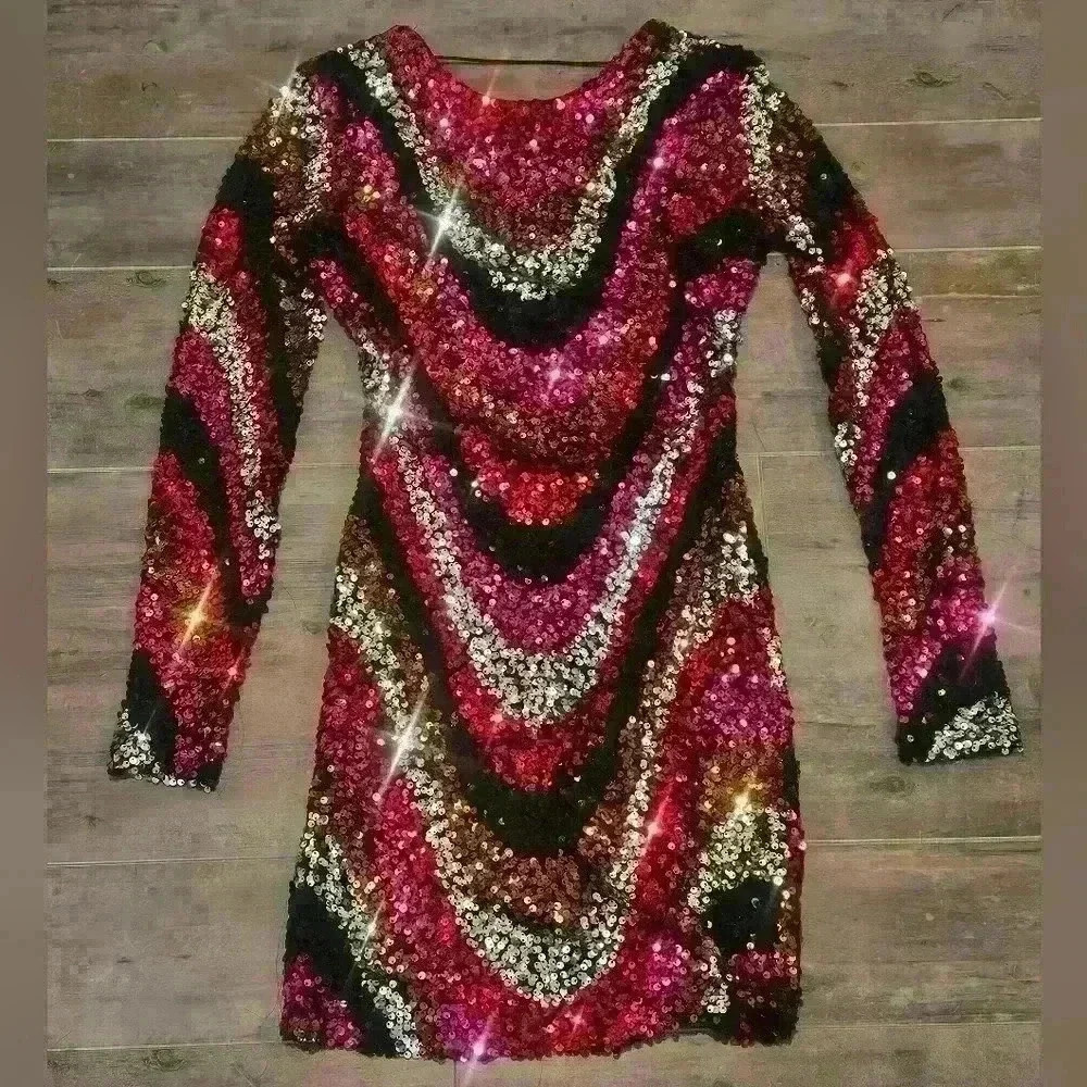 B Darlin Backless Sequin Party Dress in Red, Black, Gold